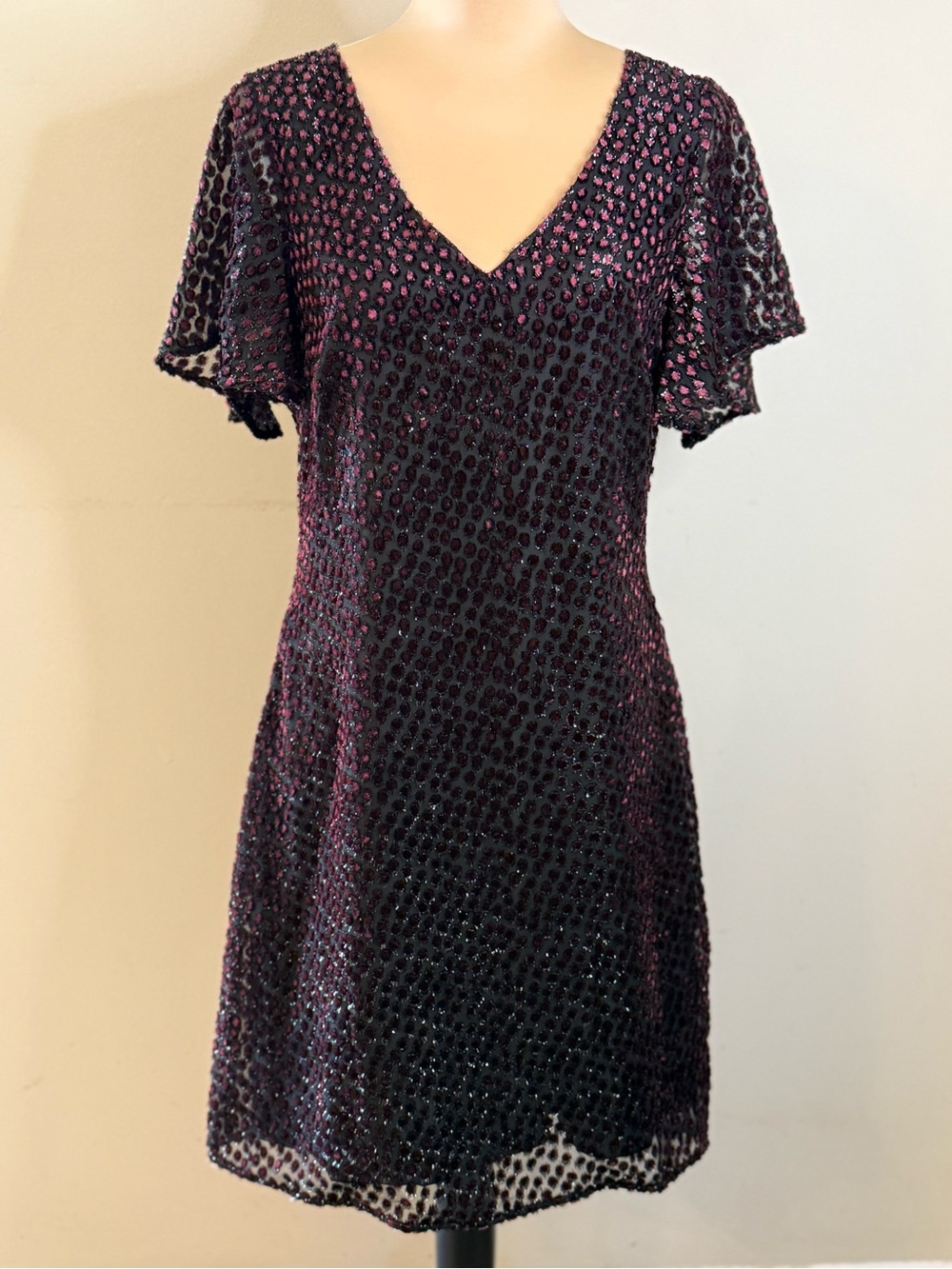Julie Brown NYC velvet dot pink black polka dot flouncy midi dress SZ 8